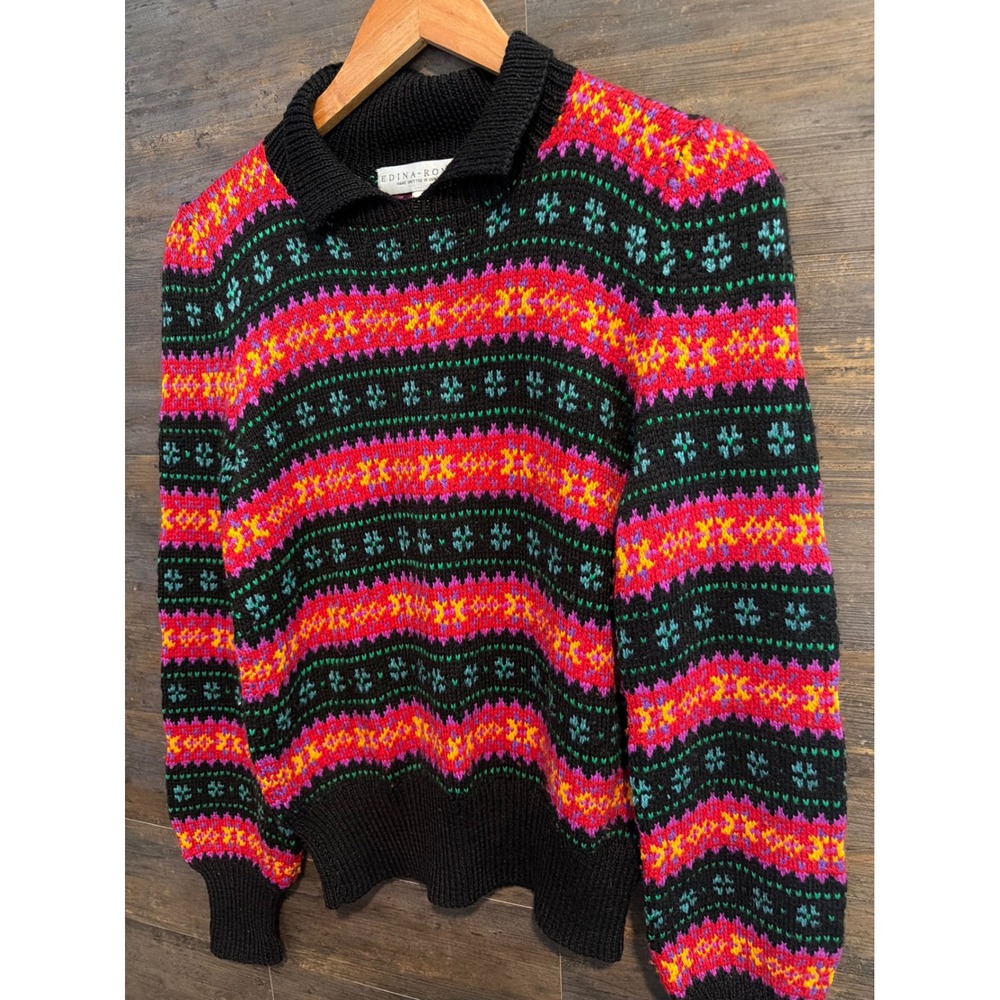 Edina Ronay Hand Knit Silk Wool Sweater England Vintage Black Pink MEDIUM